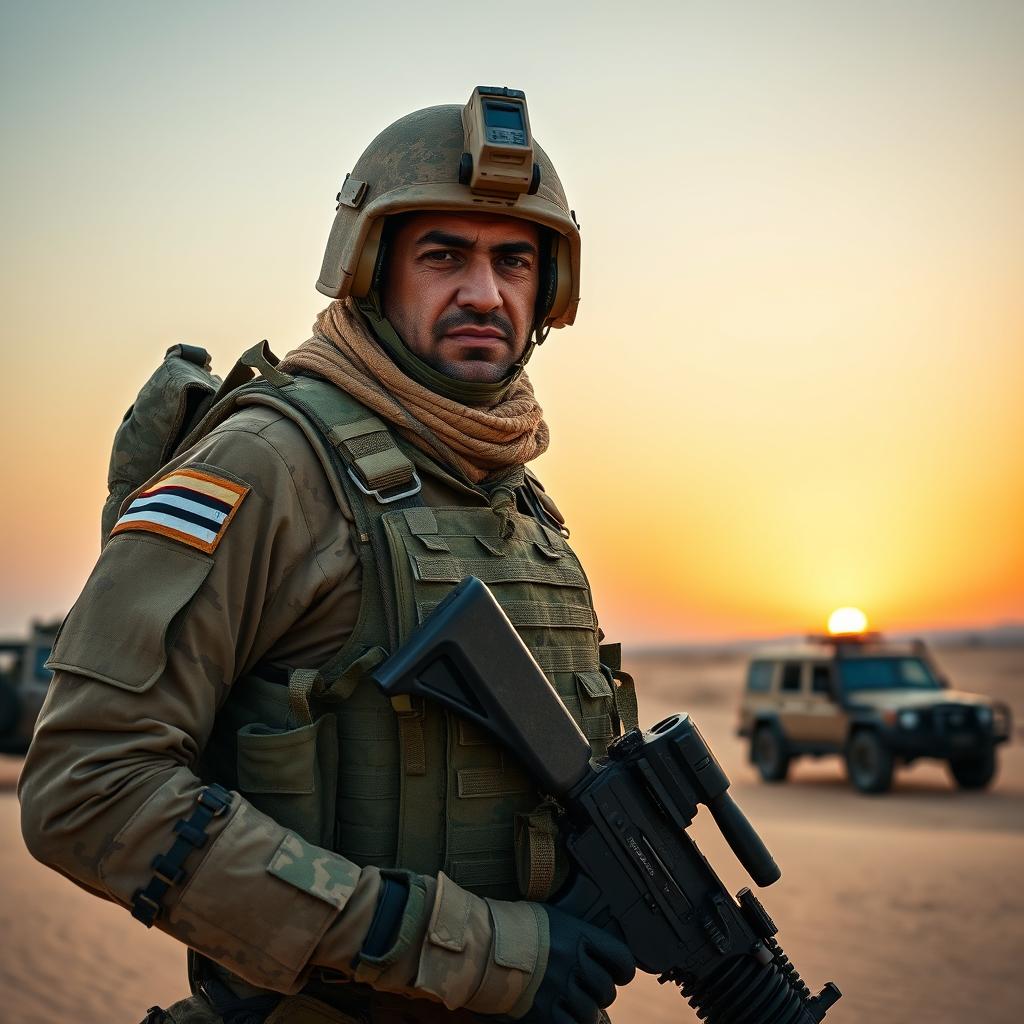 A heroic Iraqi soldier in full uniform, standing proudly in a desert landscape, with a determined expression on his face