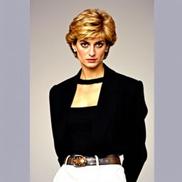 A portrait of Princess Diana in an oversized black blazer, a simple black shirt underneath, and stylish white pants