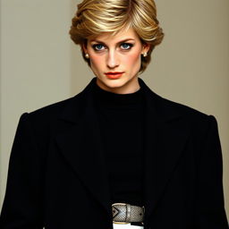 A portrait of Princess Diana in an oversized black blazer, a simple black shirt underneath, and stylish white pants