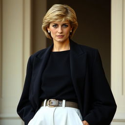 A portrait of Princess Diana in an oversized black blazer, a simple black shirt underneath, and stylish white pants