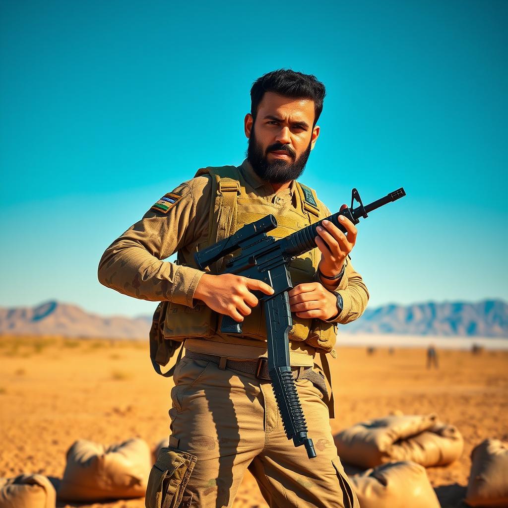 A rugged Iraqi soldier, dressed in a traditional camouflage uniform, stands in a dynamic pose with a stern expression on his face