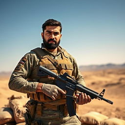 A rugged Iraqi soldier, dressed in a traditional camouflage uniform, stands in a dynamic pose with a stern expression on his face