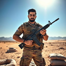 A rugged Iraqi soldier, dressed in a traditional camouflage uniform, stands in a dynamic pose with a stern expression on his face