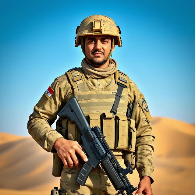 An Iraqi soldier in full military gear, standing confidently in a desert landscape