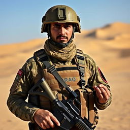 An Iraqi soldier in full military gear, standing confidently in a desert landscape