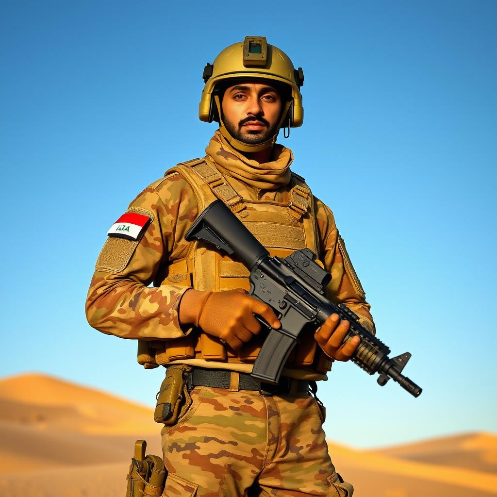 An Iraqi soldier in full military gear, standing confidently in a desert landscape