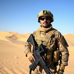 An Iraqi soldier in full military gear, standing confidently in a desert landscape