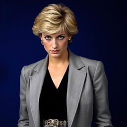 A portrait of Princess Diana, wearing a stylish grey blazer and a simple black shirt