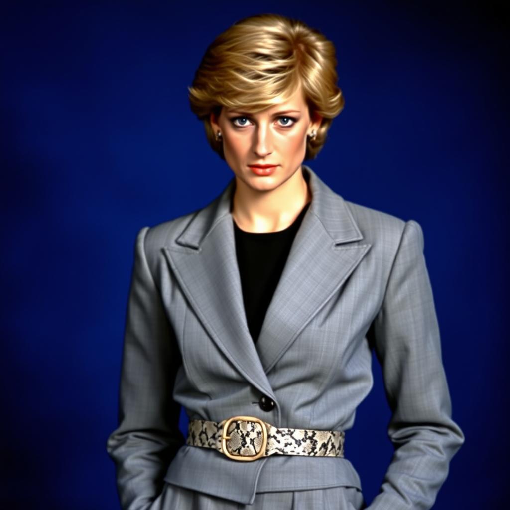 A portrait of Princess Diana, wearing a stylish grey blazer and a simple black shirt