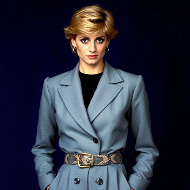 A portrait of Princess Diana, wearing a stylish grey blazer and a simple black shirt