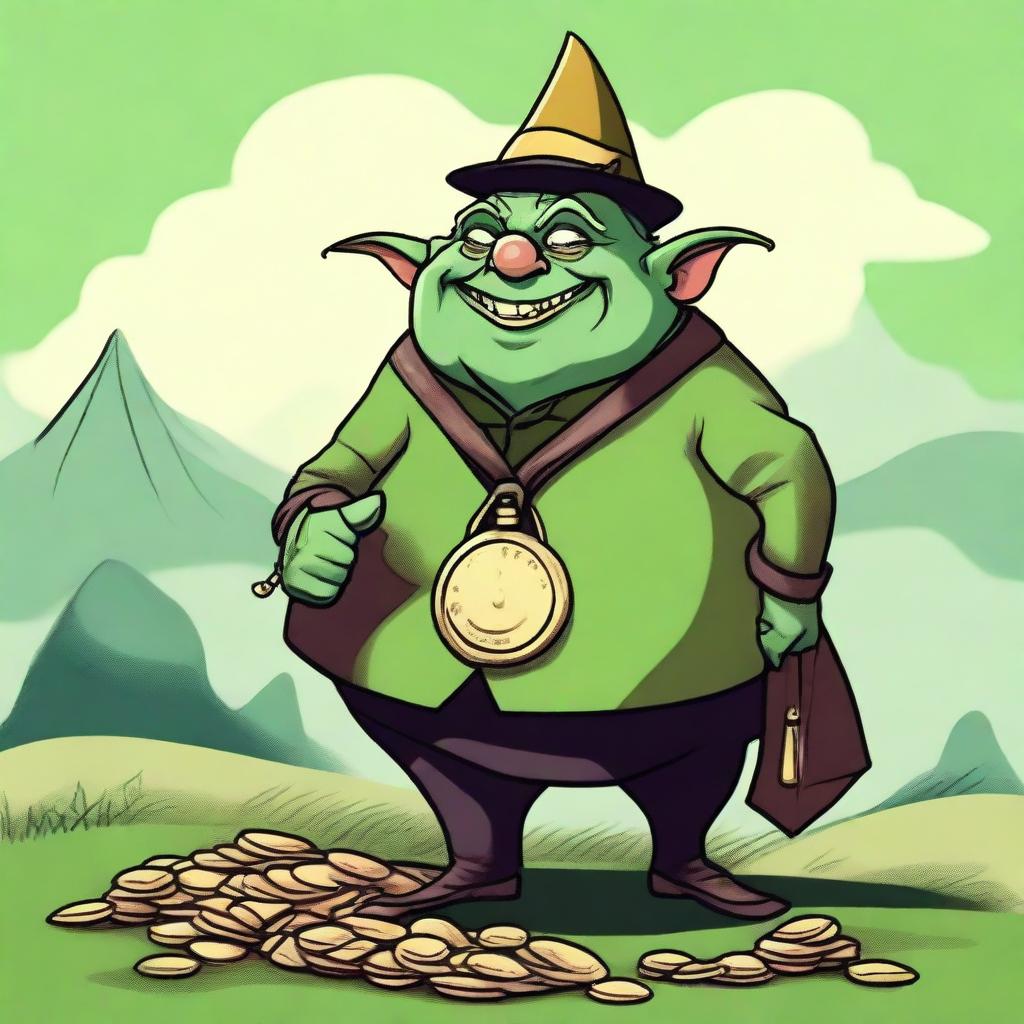 Crudely drawn image of a rotund, cheerful goblin clad in lavish attire, with a hefty coin purse overflowing with gold coins set beside him