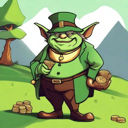 Crudely drawn image of a rotund, cheerful goblin clad in lavish attire, with a hefty coin purse overflowing with gold coins set beside him