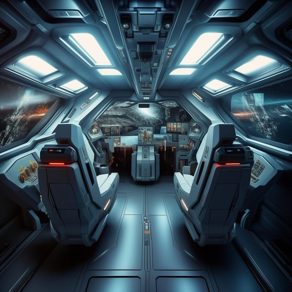 interior of rear cabin of futuristic jet fighter with interceptor devices, having two seats