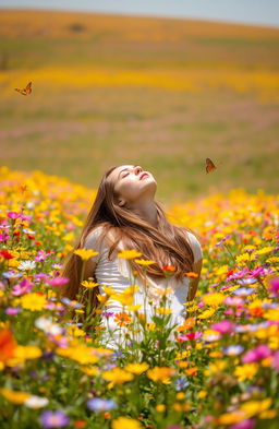 A young woman walking away, lying on her back in a vibrant flower field filled with colorful wildflowers