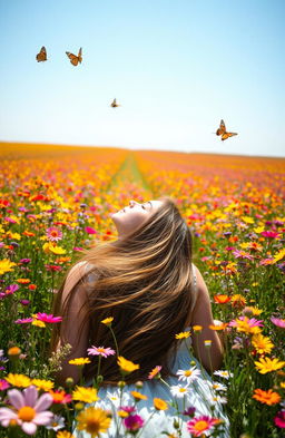 A young woman walking away, lying on her back in a vibrant flower field filled with colorful wildflowers