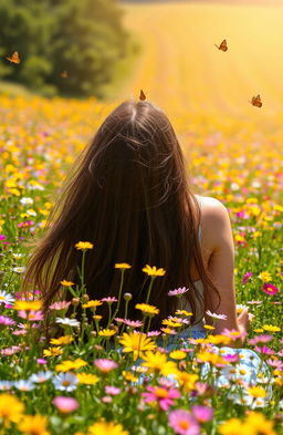 A young woman walking away, lying on her back in a vibrant flower field filled with colorful wildflowers