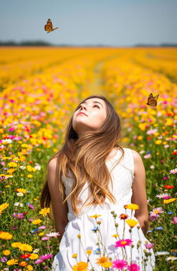 A young woman walking away, lying on her back in a vibrant flower field filled with colorful wildflowers