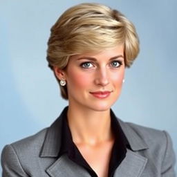 A portrait of Princess Diana with her iconic short hairstyle and doe-like eyes, exuding grace and elegance