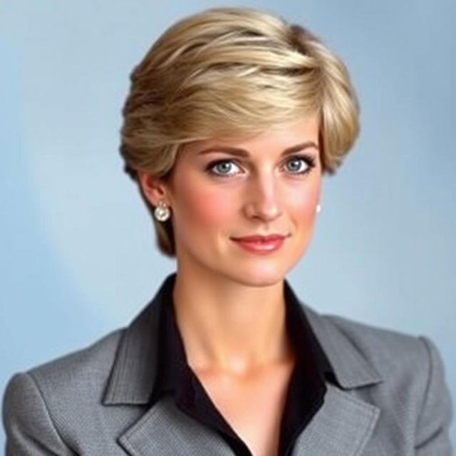 A portrait of Princess Diana with her iconic short hairstyle and doe-like eyes, exuding grace and elegance