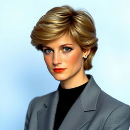 A portrait of Princess Diana with her iconic short hairstyle and doe-like eyes, exuding grace and elegance