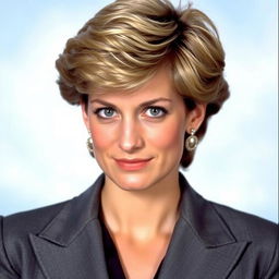 A portrait of Princess Diana with her iconic short hairstyle and doe-like eyes, exuding grace and elegance