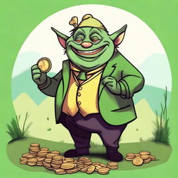 Crudely drawn image of a rotund, cheerful goblin clad in lavish attire, with a hefty coin purse overflowing with gold coins set beside him