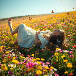 A young woman lying on her back, playfully walking away in a colorful flower field, surrounded by a cascade of blooming wildflowers in various hues of yellow, pink, and violet