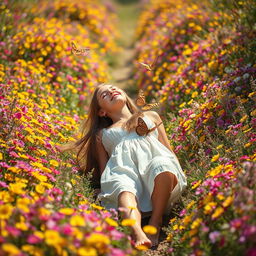 A young woman lying on her back, playfully walking away in a colorful flower field, surrounded by a cascade of blooming wildflowers in various hues of yellow, pink, and violet