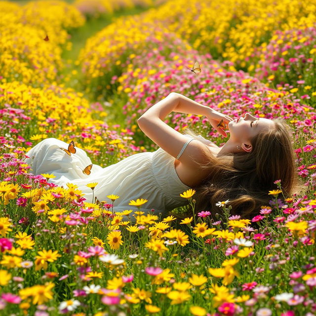 A young woman lying on her back, playfully walking away in a colorful flower field, surrounded by a cascade of blooming wildflowers in various hues of yellow, pink, and violet