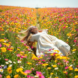 A young woman lying on her back, playfully walking away in a colorful flower field, surrounded by a cascade of blooming wildflowers in various hues of yellow, pink, and violet