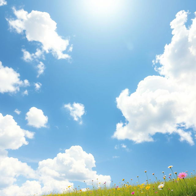 A serene and picturesque background featuring fluffy white clouds scattered across a bright blue sky