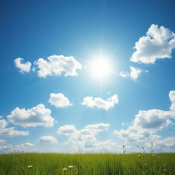 A serene and picturesque background featuring fluffy white clouds scattered across a bright blue sky