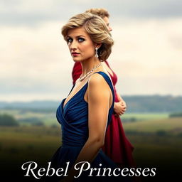 A striking movie poster featuring Princess Diana in a stunning deep blue dress, elegantly staring off into the distance with a contemplative expression