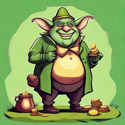 Crudely drawn image of a rotund, cheerful goblin clad in lavish attire, with a hefty coin purse overflowing with gold coins set beside him