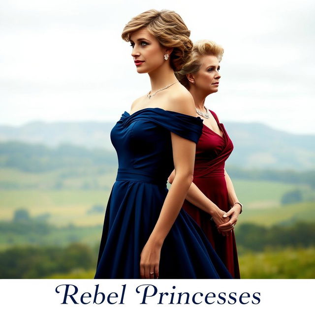 A striking movie poster featuring Princess Diana in a stunning deep blue dress, elegantly staring off into the distance with a contemplative expression