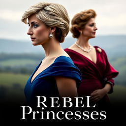 A striking movie poster featuring Princess Diana in a stunning deep blue dress, elegantly staring off into the distance with a contemplative expression
