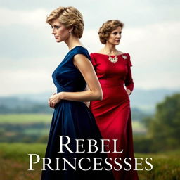 A striking movie poster featuring Princess Diana in a stunning deep blue dress, elegantly staring off into the distance with a contemplative expression