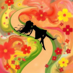 An abstract representation of a girl lying on her back along a winding path through a vibrant flower field