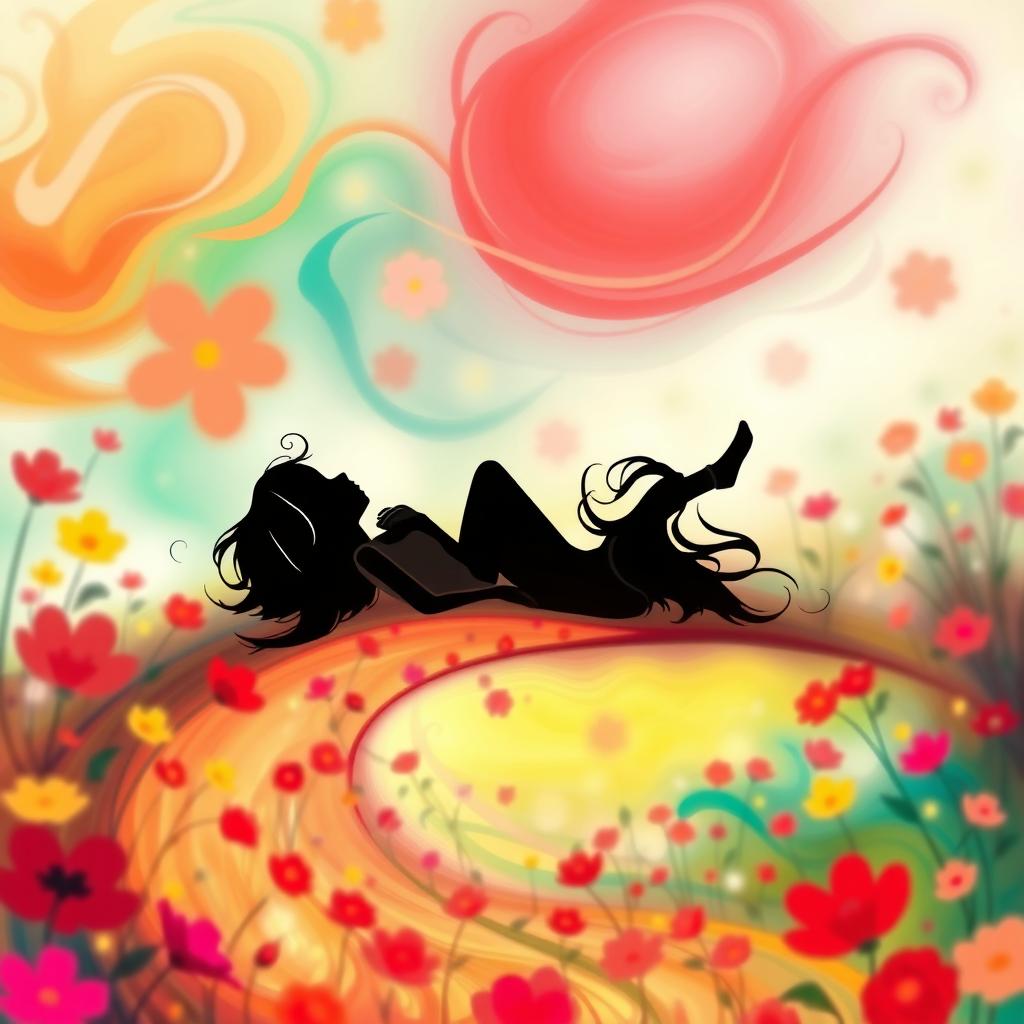 An abstract representation of a girl lying on her back along a winding path through a vibrant flower field