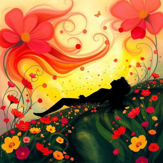 An abstract representation of a girl lying on her back along a winding path through a vibrant flower field