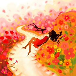 An abstract representation of a girl lying on her back along a winding path through a vibrant flower field