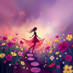 An abstract depiction of a girl gracefully positioned along a winding path in a blooming flower field