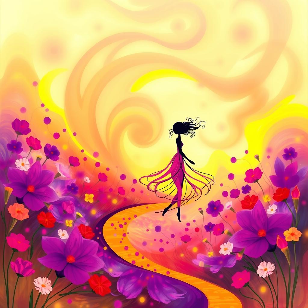 An abstract depiction of a girl gracefully positioned along a winding path in a blooming flower field