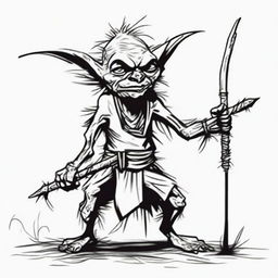 Crudely drawn depiction of a tribal goblin, garbed in rags and animal skins, holding a crude spear