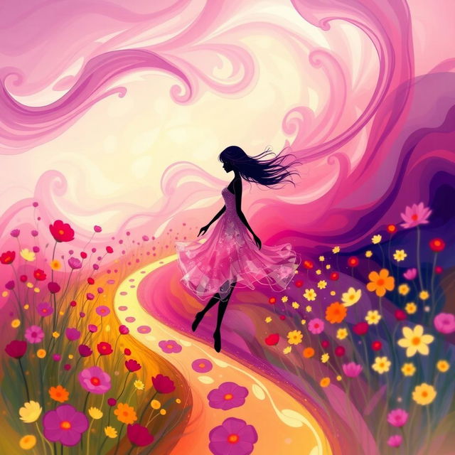 An abstract depiction of a girl gracefully positioned along a winding path in a blooming flower field