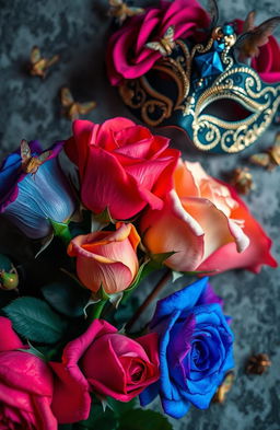 A stunning arrangement of vivid roses with intricate stems and sharp thorns, set against a backdrop featuring delicate moths fluttering around
