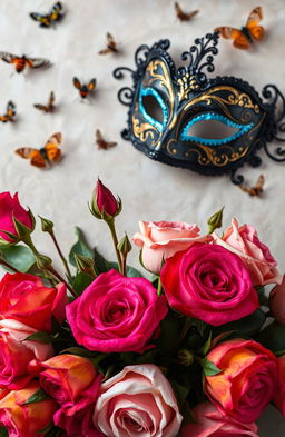 A stunning arrangement of vivid roses with intricate stems and sharp thorns, set against a backdrop featuring delicate moths fluttering around