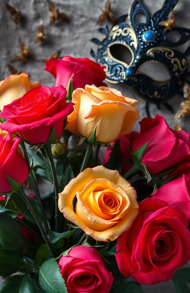 A stunning arrangement of vivid roses with intricate stems and sharp thorns, set against a backdrop featuring delicate moths fluttering around