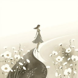 An elegant abstract depiction of a girl walking gracefully along a serene path in a flower field