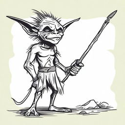 Crudely drawn depiction of a tribal goblin, garbed in rags and animal skins, holding a crude spear